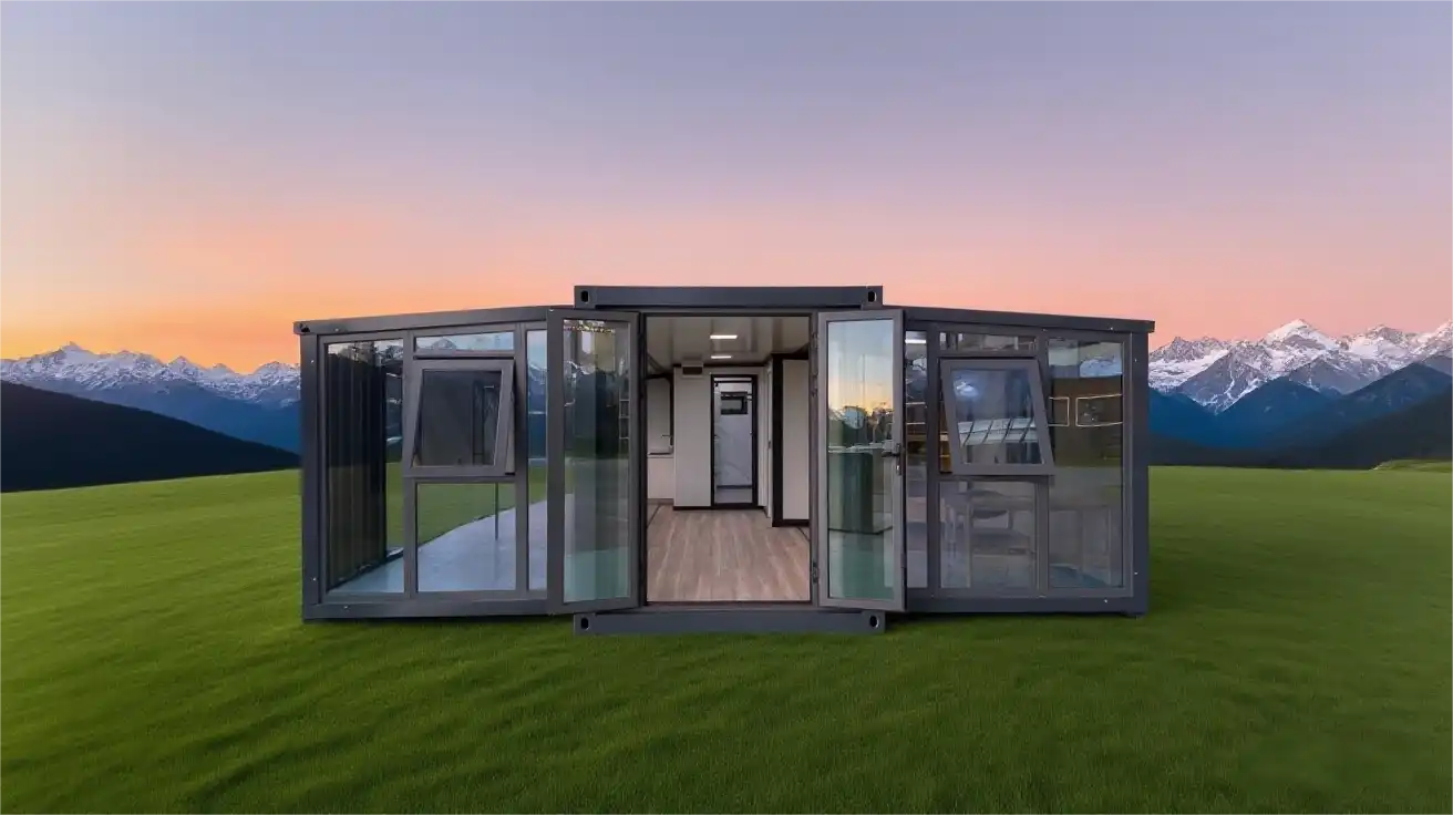 Flexible office space in expandable container home designed for remote work and productivity.