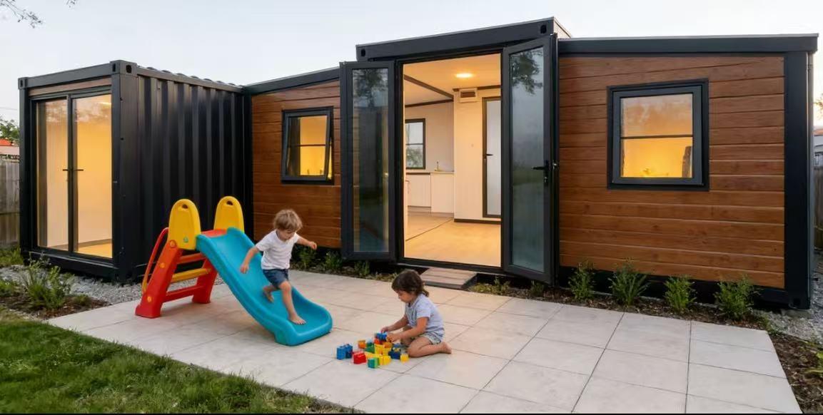 Family-friendly GS Housing expandable home set up as backyard living space Family-friendly GS Housing expandable home installed as backyard living space