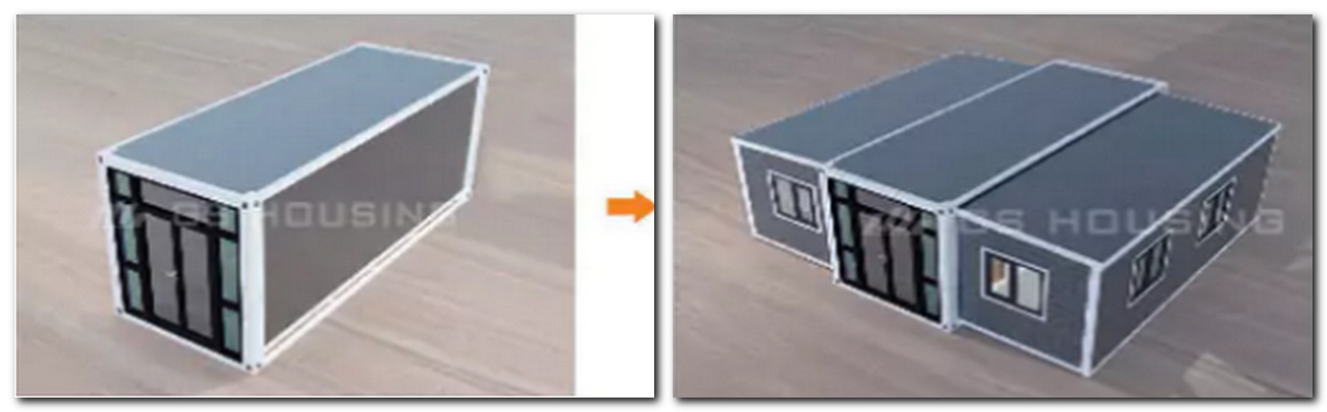 Expandable container home before and after full expansion, fast setup space solution