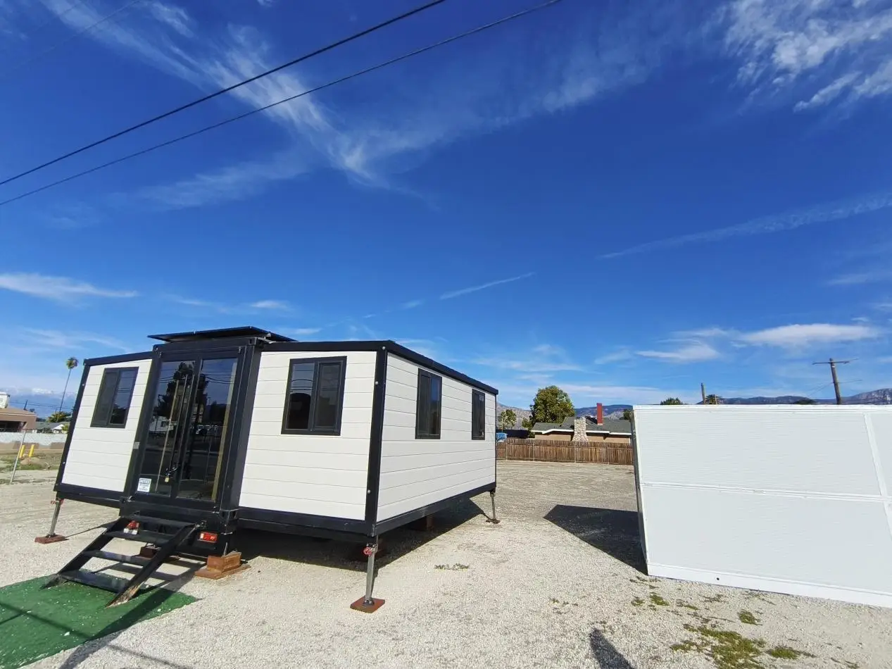 expandable home placed on steel pads and anchored before weather event