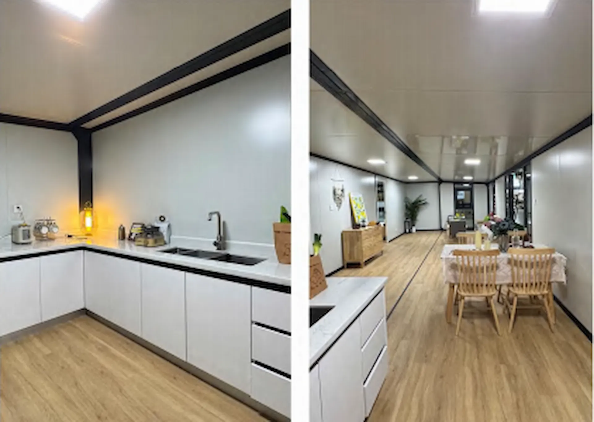 interior view with wood flooring, soft lighting, and comfortable living setup-1 Interior view of container home with wood flooring and soft lighting – 1.