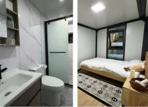 interior view with wood flooring soft lighting and comfortable living setup