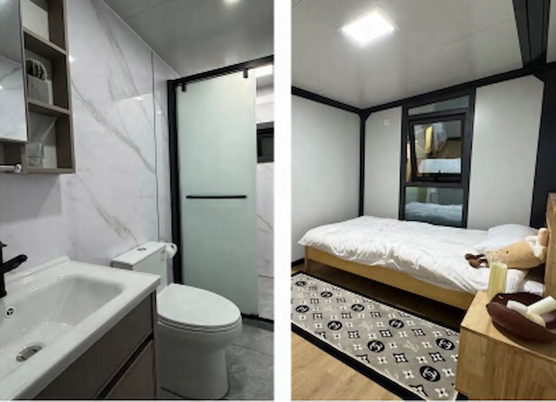 interior view with wood flooring, soft lighting, and comfortable living setup Container home interior with wood flooring and soft lighting.