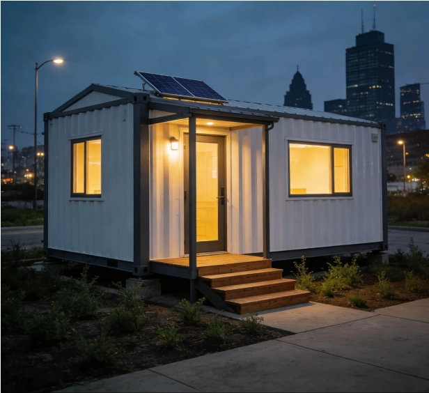 Expandable container homes used as temporary-to-long-term urban housing at night