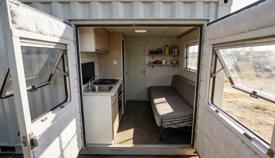 Narrow interior layout of a modified shipping container home showing limited living space