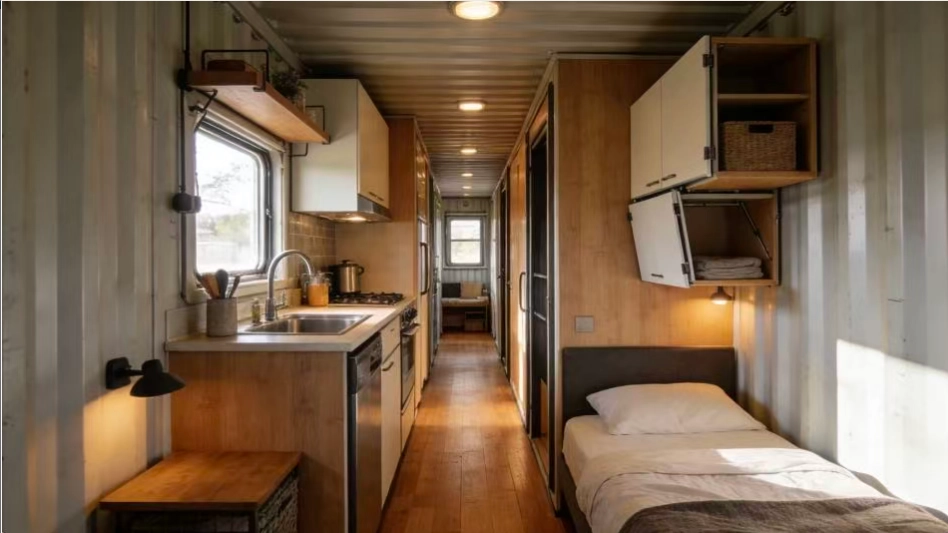 Narrow linear layout inside a standard container home showing bed, kitchen and living area in one line