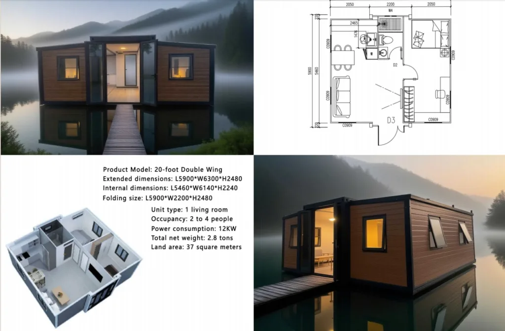 20ft double-wing expandable container house floor plan, 3D rendering and stacked modular layout for custom expandable container design in mining and resort projects