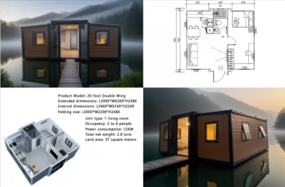 20ft double-wing expandable container house floor plan, 3D rendering and stacked modular layout for custom expandable container design in mining and resort projects