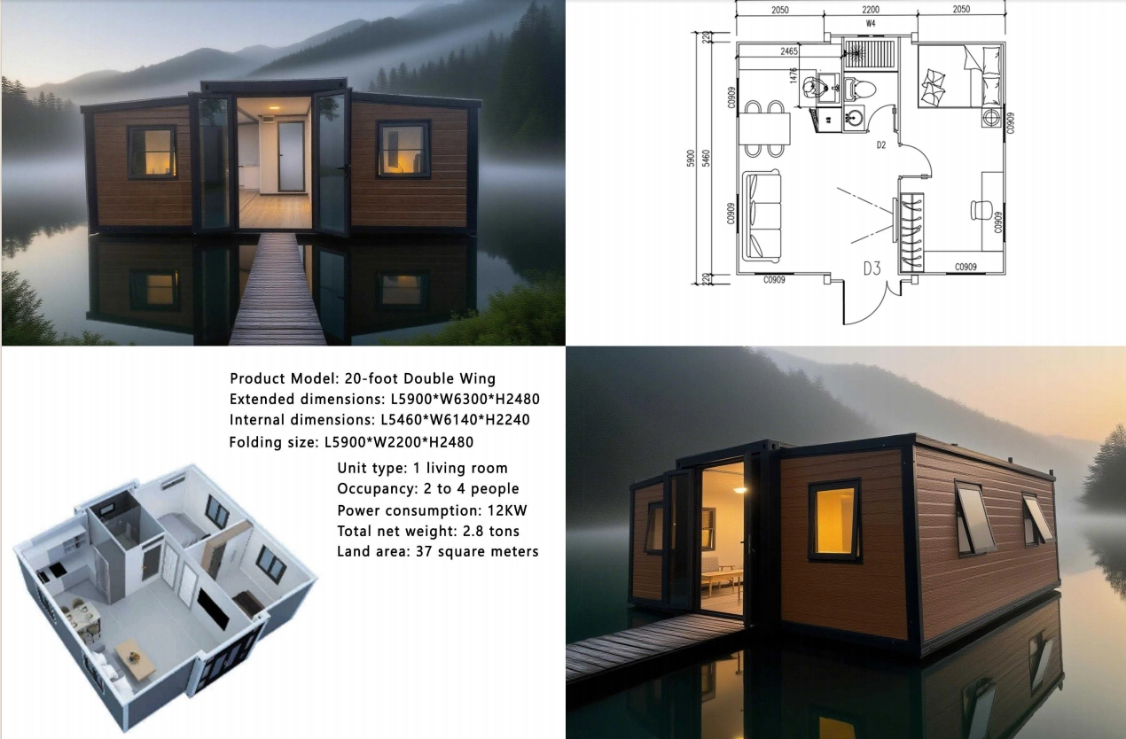 20ft double-wing expandable container house floor plan, 3D rendering and stacked modular layout for custom expandable container design in mining and resort projects