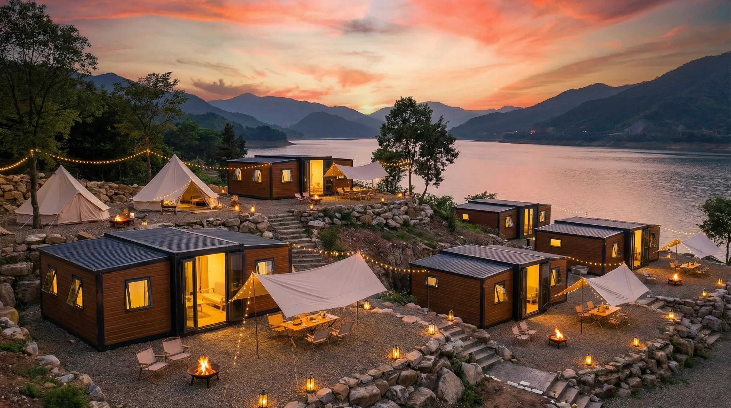 Modular container hotel blending with forest views