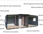 GS Mobile House 28 GS Housing expandable container house structural components diagram, highlighting EPS composite board, aluminum alloy windows, and PVC corner protectors for enhanced stability and safety