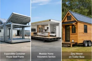 Expandable container house steel frame vs modular home volumetric section vs tiny house on trailer base structural comparison 2026