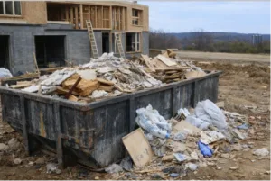 Construction waste on traditional building site lumber drywall debris