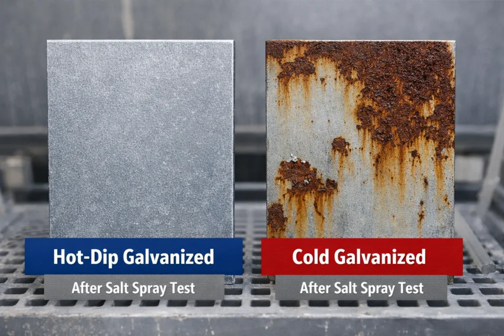 hot dip galvanized vs cold galvanized steel salt spray test showing rust resistance difference