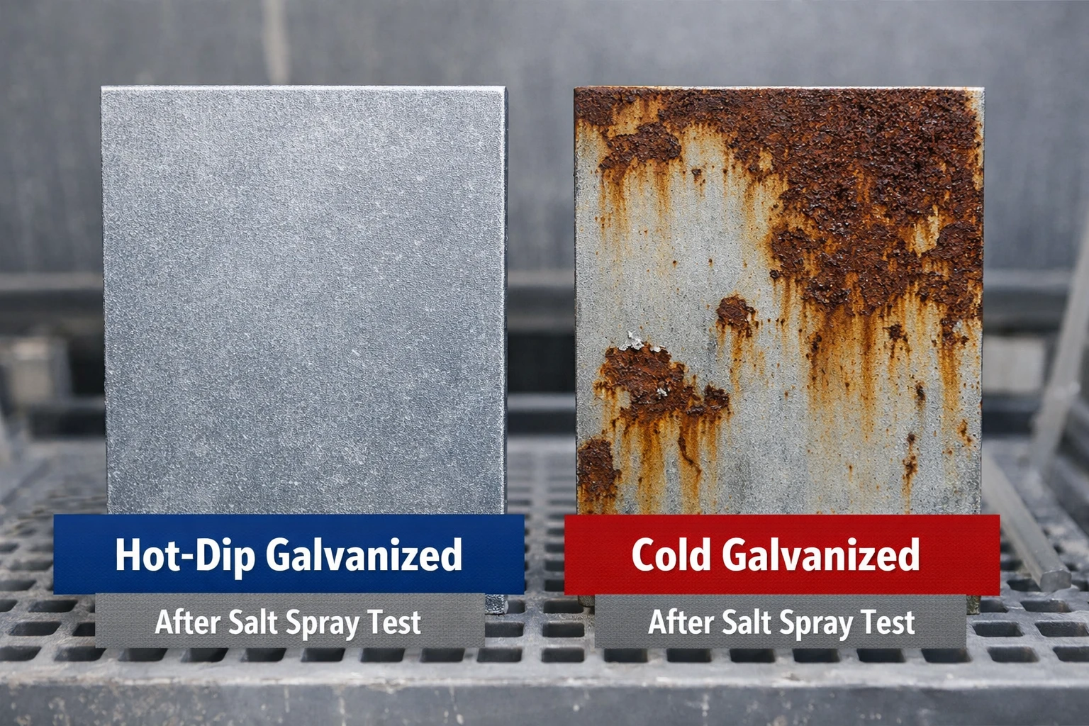hot dip galvanized vs cold galvanized steel salt spray test showing rust resistance difference