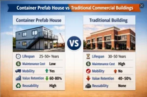 Do Container Buildings Hold Value? Lifespan, Maintenance Cost & Resale for US Commercial Projects 7 Container prefab house vs traditional commercial building comparison for maintenance cost and value retention