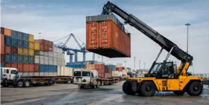 Container house transport loading at port with crane for international shipping to USA