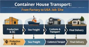 Container house transport process from factory to USA job site