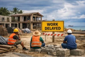 Delayed island resort construction site with idle workers and unfinished buildings near ocean