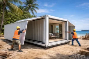 Expandable container house unfolding for fast modular resort deployment on tropical island